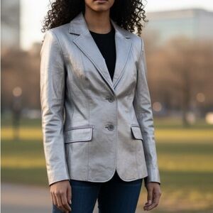 Chadwicks Leather Metallic Silver Blazer Mid Length Button front w/pockets NWOT
